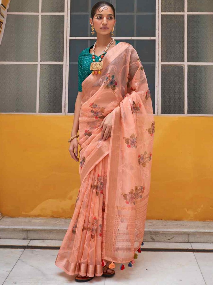 Peach Organza Silk Embroidered Party Festival Classic Style Saree