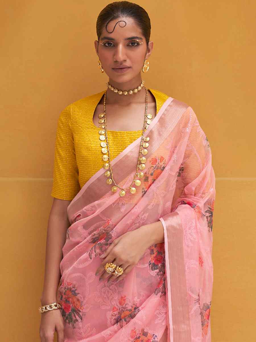 Peach Organza Silk Embroidered Party Festival Classic Style Saree