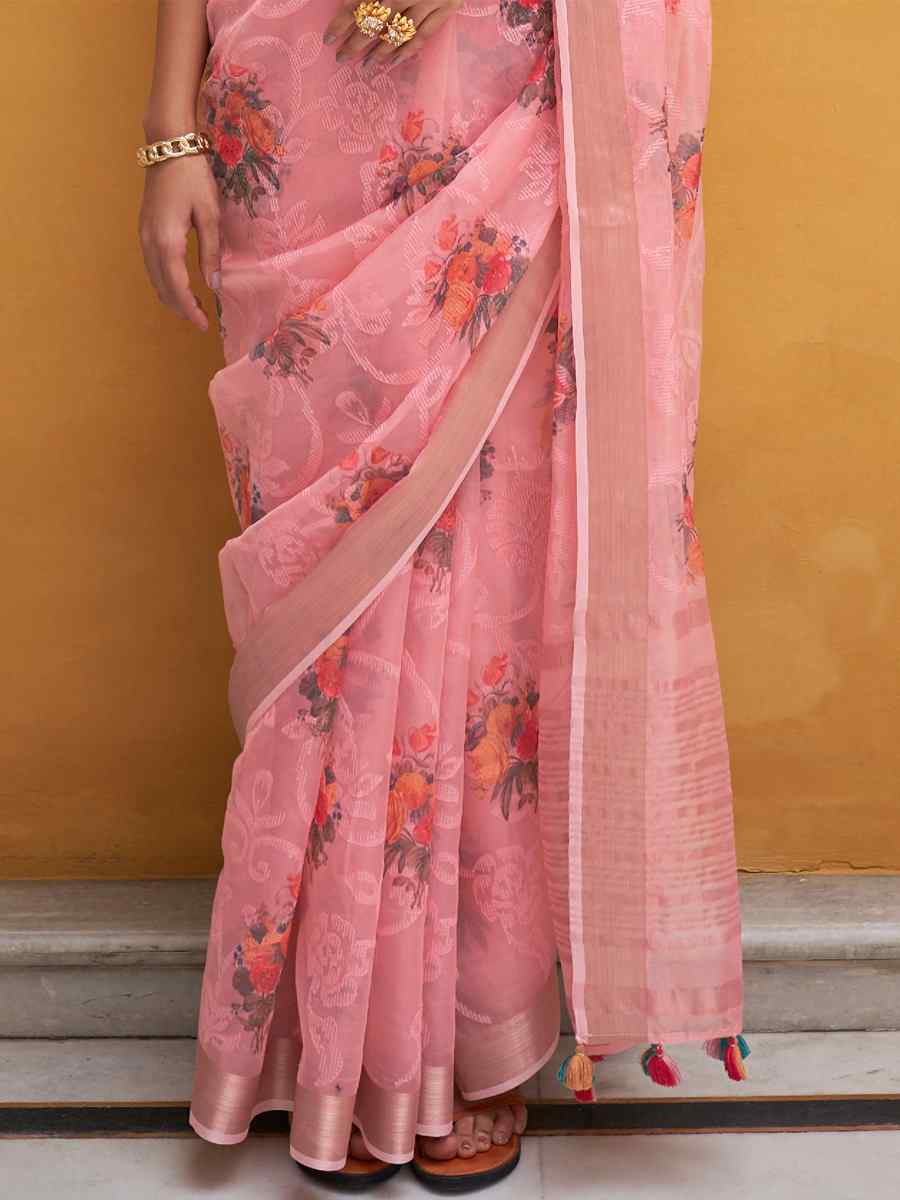 Peach Organza Silk Embroidered Party Festival Classic Style Saree
