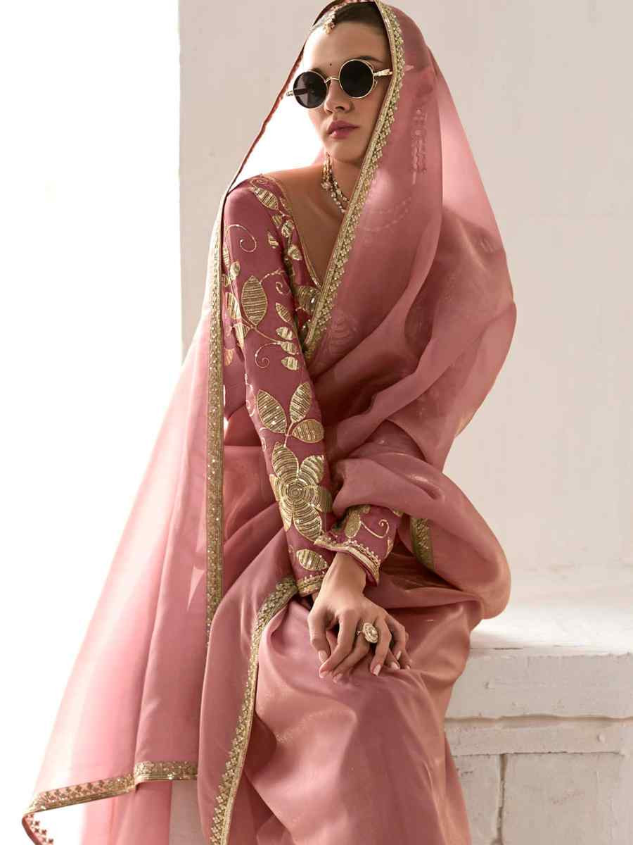 Peach Organza Tissue Embroidered Festival Wedding Fancy Heavy Border Saree