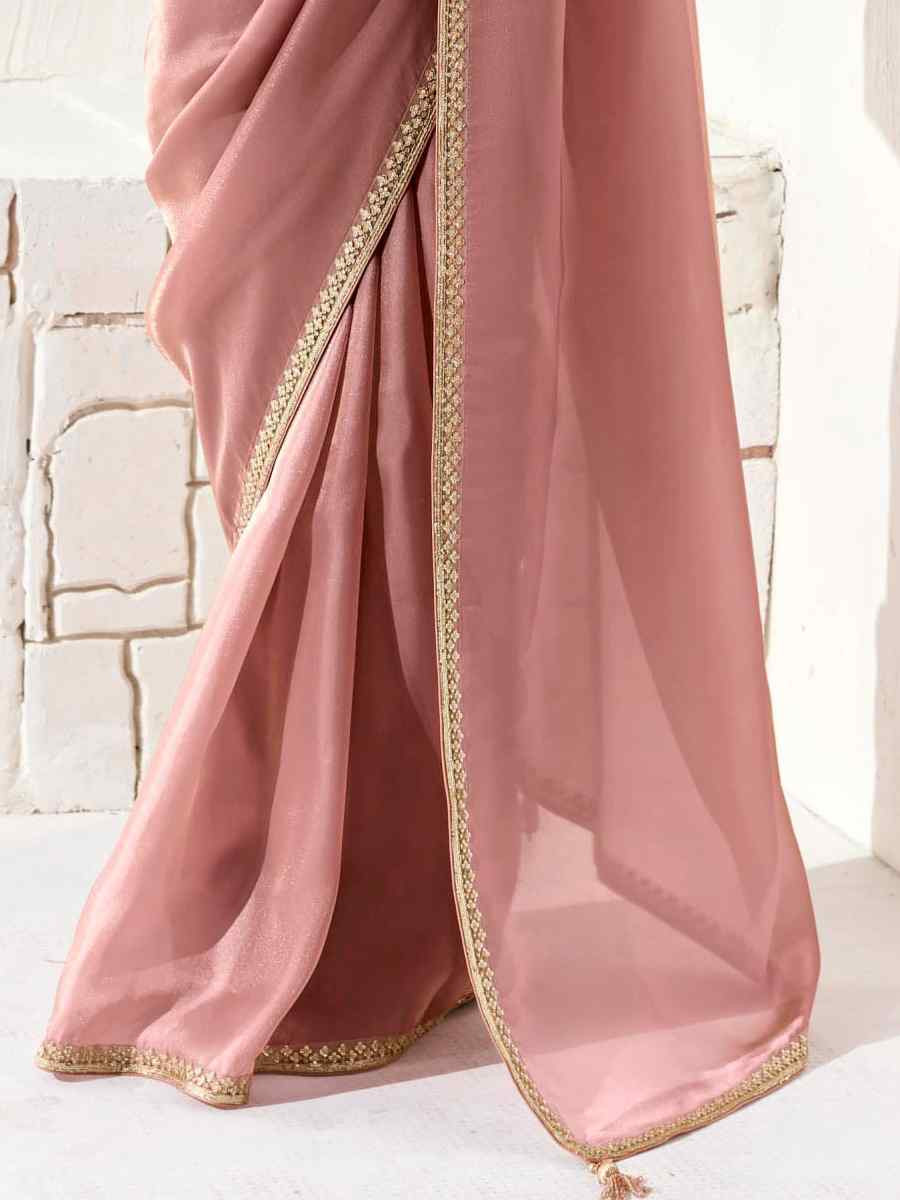 Peach Organza Tissue Embroidered Festival Wedding Fancy Heavy Border Saree