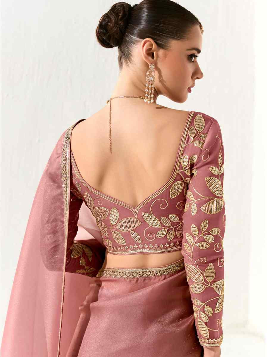Peach Organza Tissue Embroidered Festival Wedding Fancy Heavy Border Saree