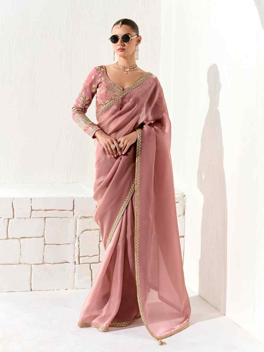 Peach Organza Tissue Embroidered Festival Wedding Fancy Heavy Border Saree