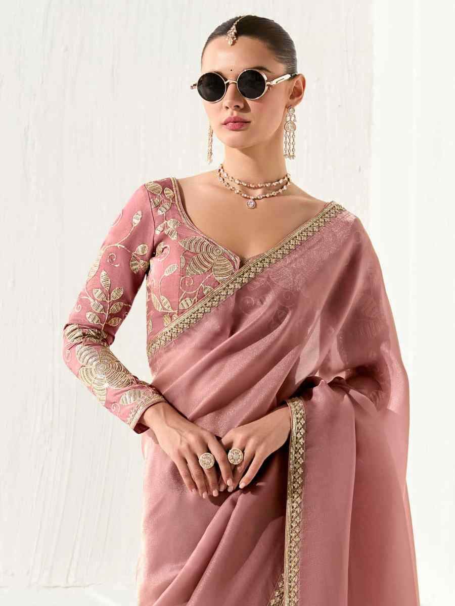 Peach Organza Tissue Embroidered Festival Wedding Fancy Heavy Border Saree