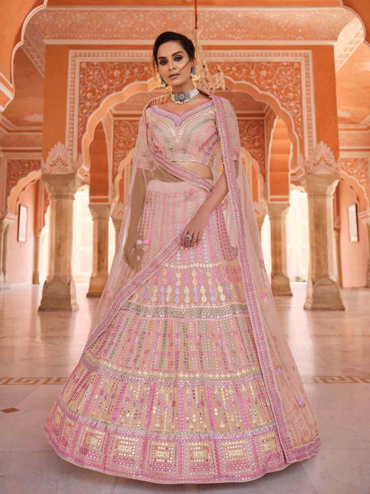 Peach Organza Zari Bridal Reception Heavy Border Lehenga Choli
