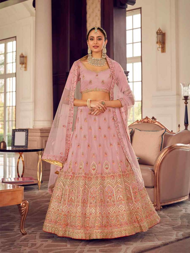 Peach Organza Zari Bridal Reception Heavy Border Lehenga Choli