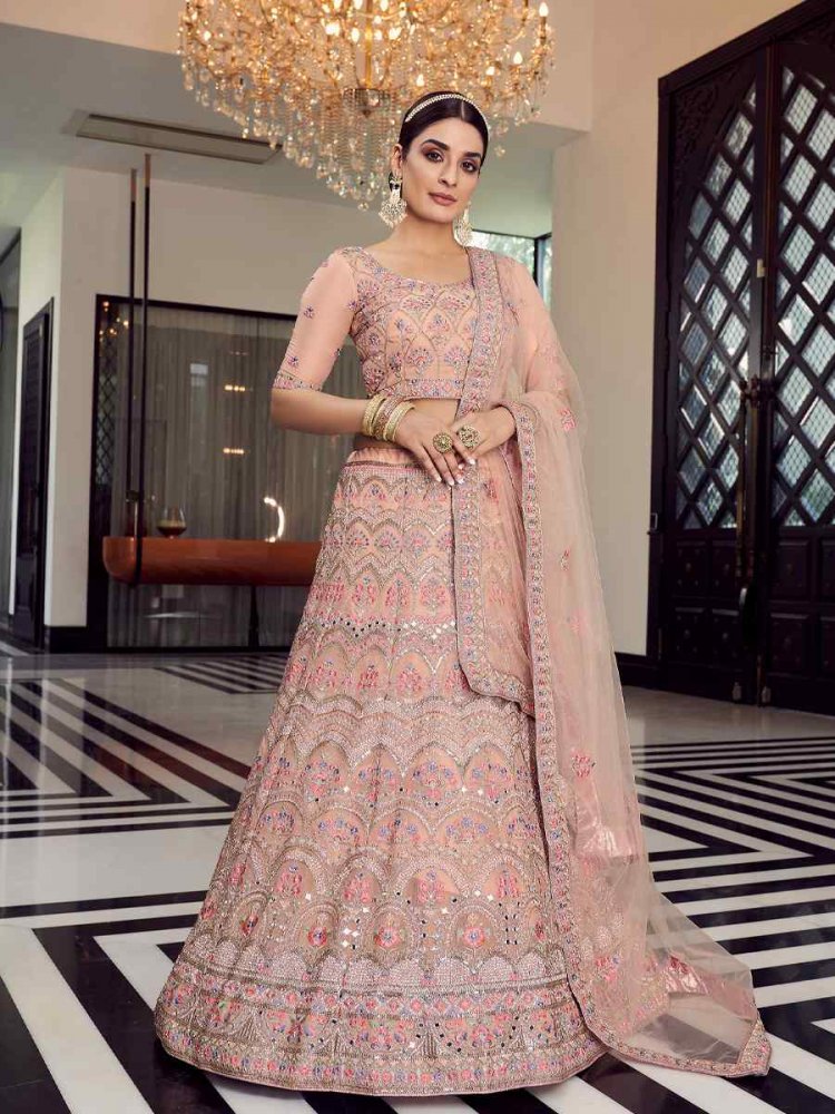 Peach Organza Zari Sequins Bridesmaid Reception Heavy Border Lehenga Choli