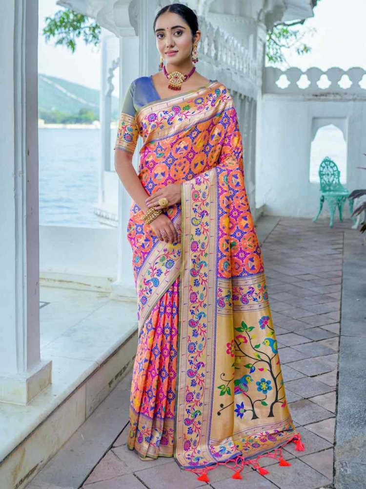 Peach Paithani Silk Handwoven Wedding Festival Heavy Border Saree