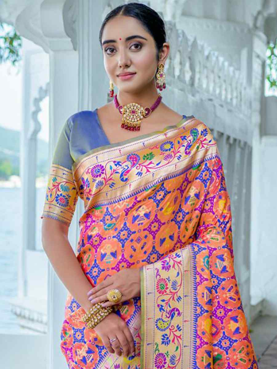 Peach Paithani Silk Handwoven Wedding Festival Heavy Border Saree