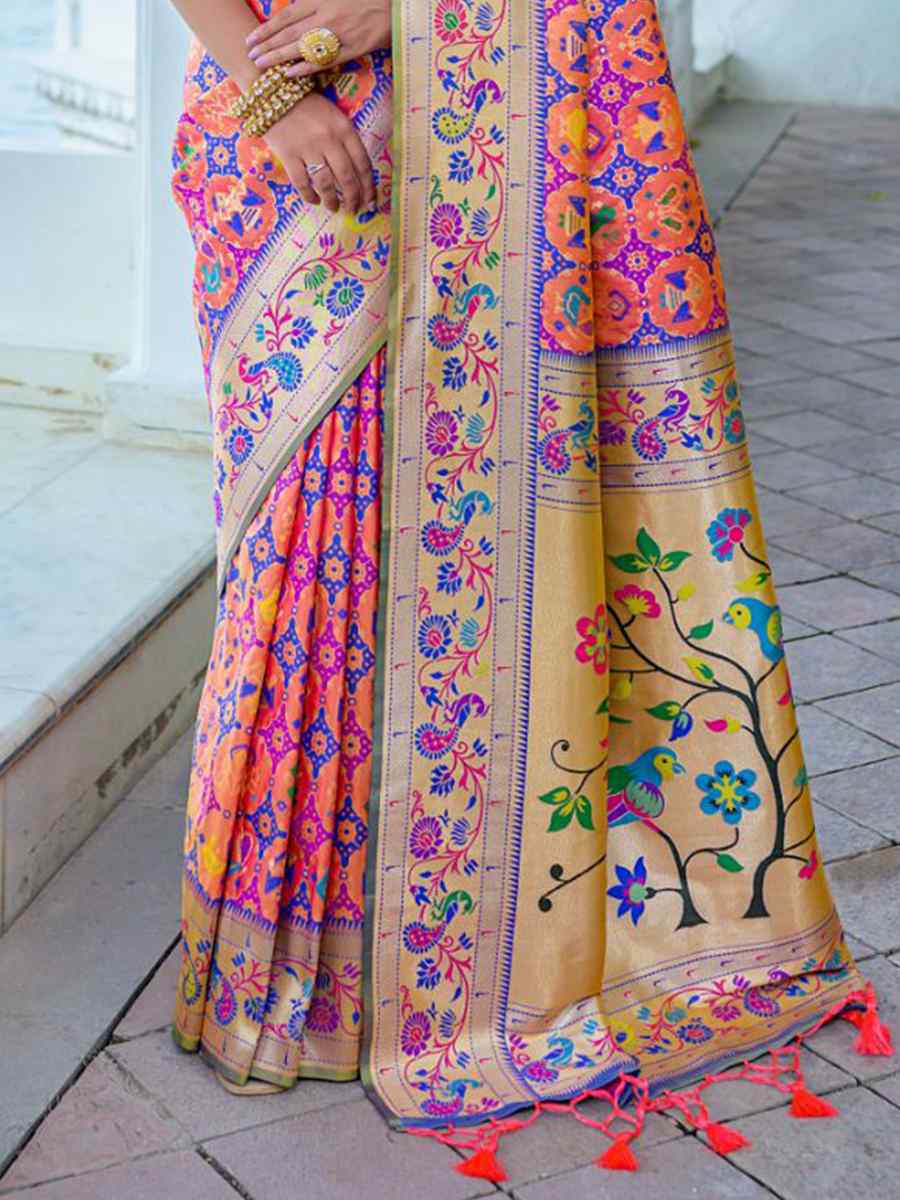 Peach Paithani Silk Handwoven Wedding Festival Heavy Border Saree