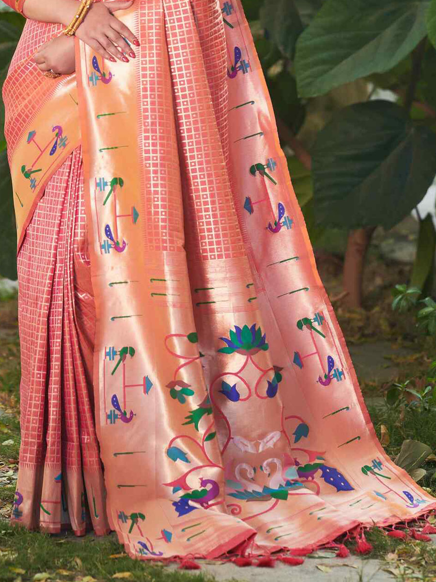 Peach Paithani Silk Handwoven Wedding Festival Heavy Border Saree