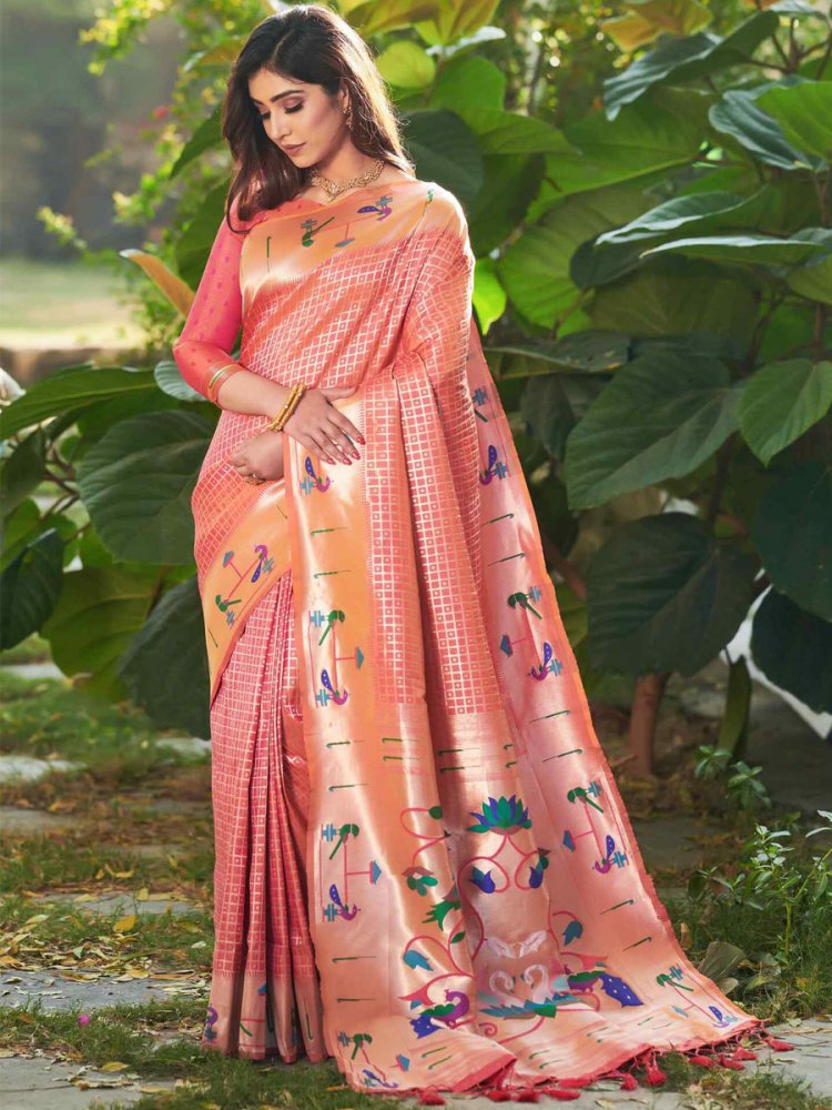 Peach Paithani Silk Handwoven Wedding Festival Heavy Border Saree