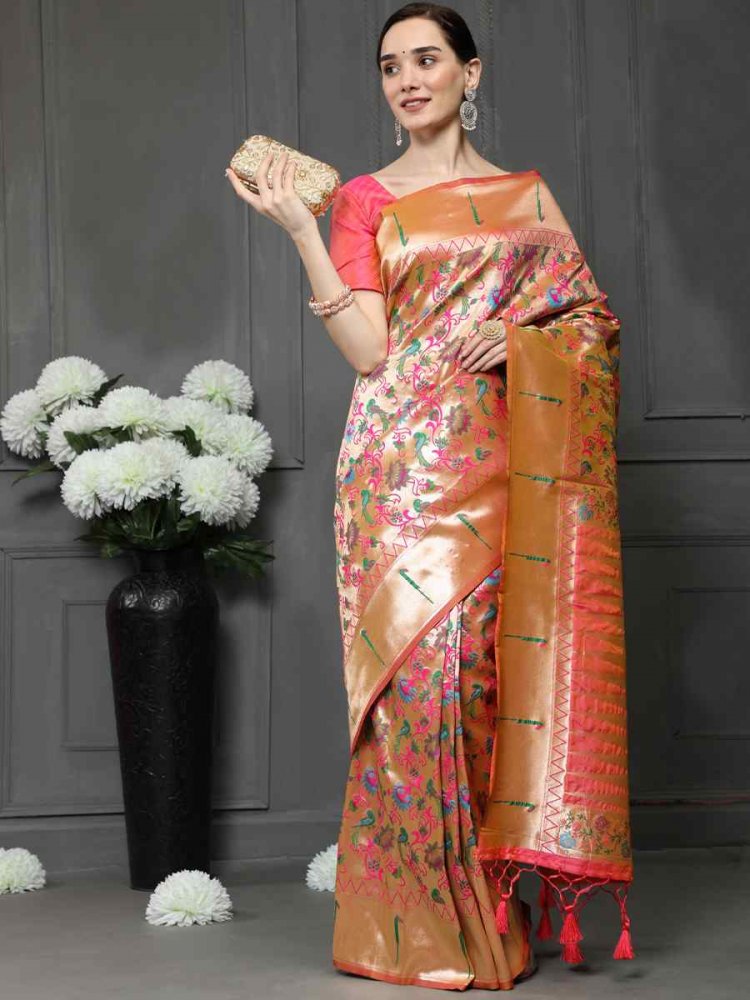 Peach Paithani Silk Handwoven Wedding Festival Heavy Border Saree