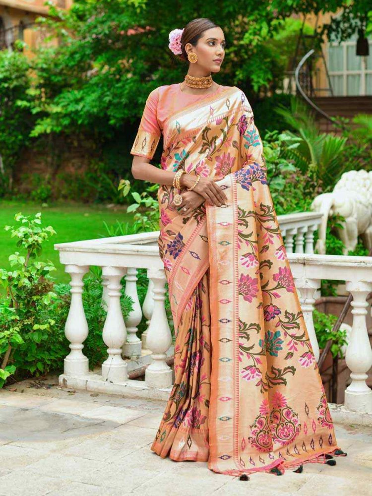 Peach Paithani Silk Handwoven Wedding Festival Heavy Border Saree