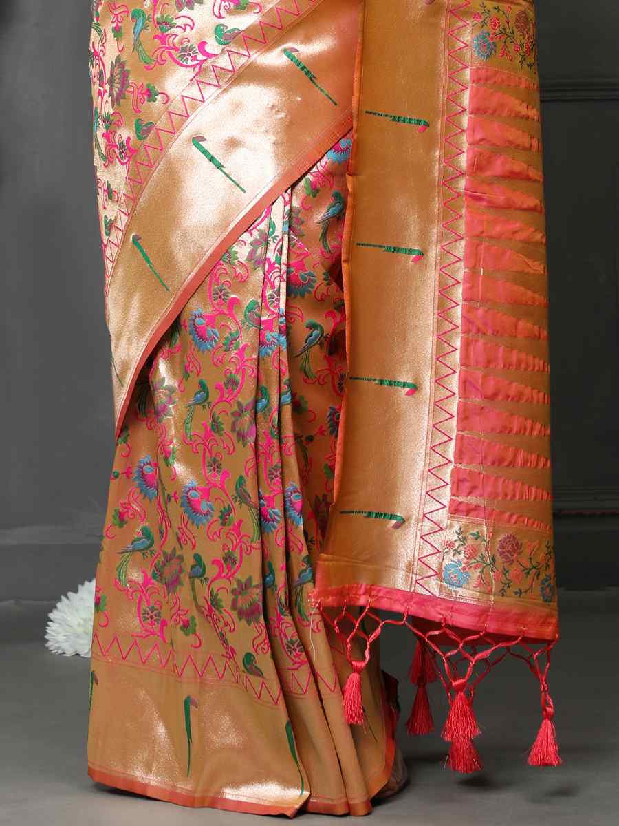 Peach Paithani Silk Handwoven Wedding Festival Heavy Border Saree