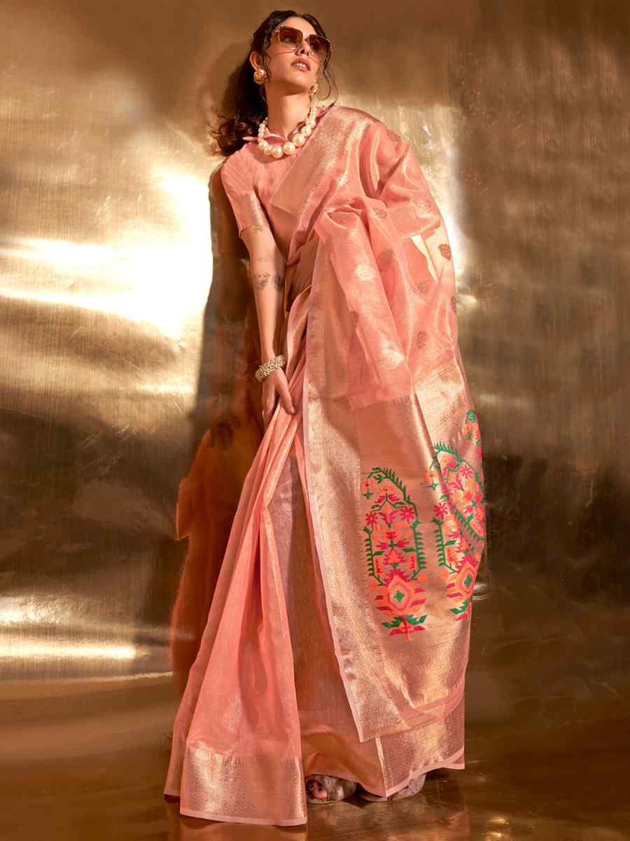 Peach Paithani Tissue Handwoven Party Festival Heavy Border Saree