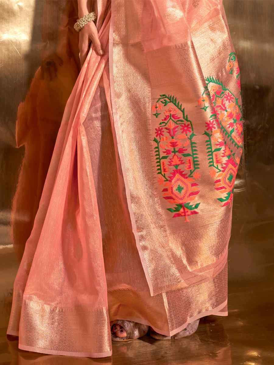 Peach Paithani Tissue Handwoven Party Festival Heavy Border Saree