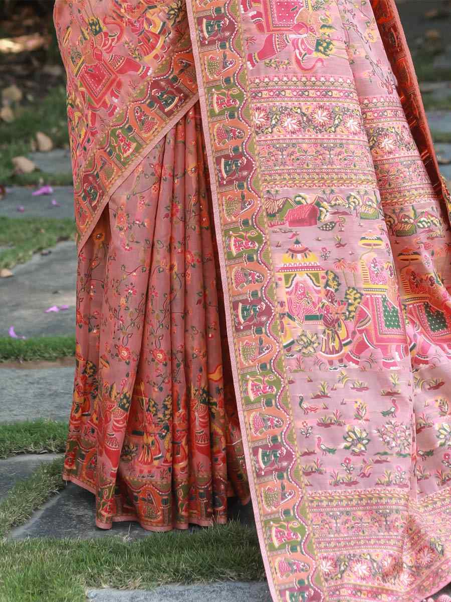 Peach Pashmina Soft Cotton Handwoven Casual Festival Heavy Border Saree