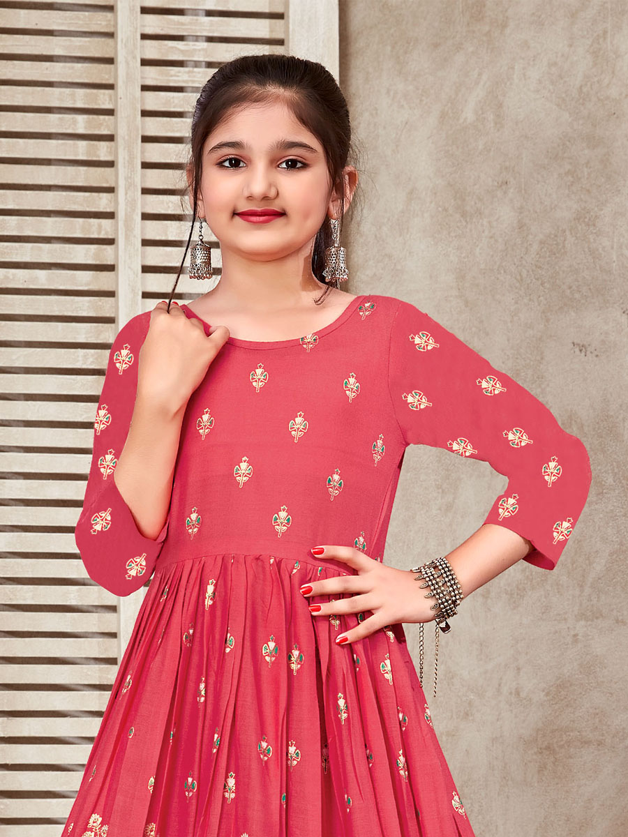 Peach Pink 14 KG Reyon Printed Festival Casual Salwars Girls Wear