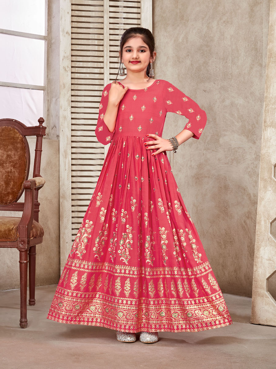 Peach Pink 14 KG Reyon Printed Festival Casual Salwars Girls Wear