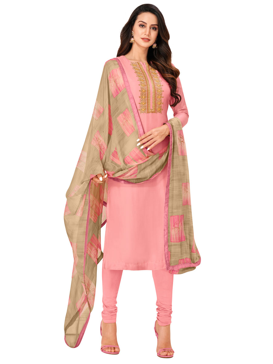 Peach Pink Chanderi Cotton Embroidered Party Churidar Pant Kameez