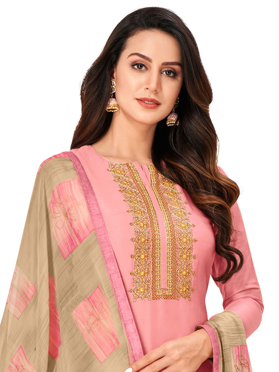 Peach Pink Chanderi Cotton Embroidered Party Churidar Pant Kameez