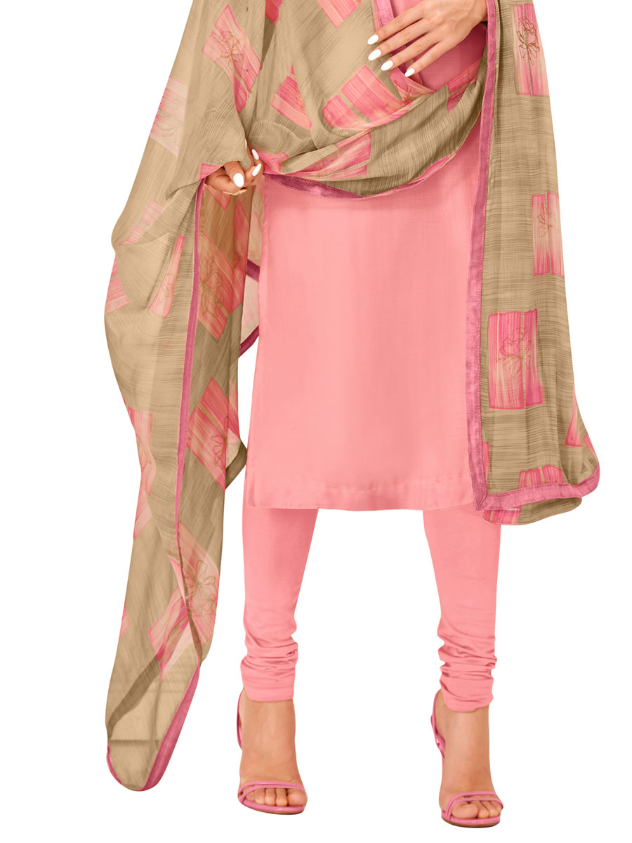 Peach Pink Chanderi Cotton Embroidered Party Churidar Pant Kameez