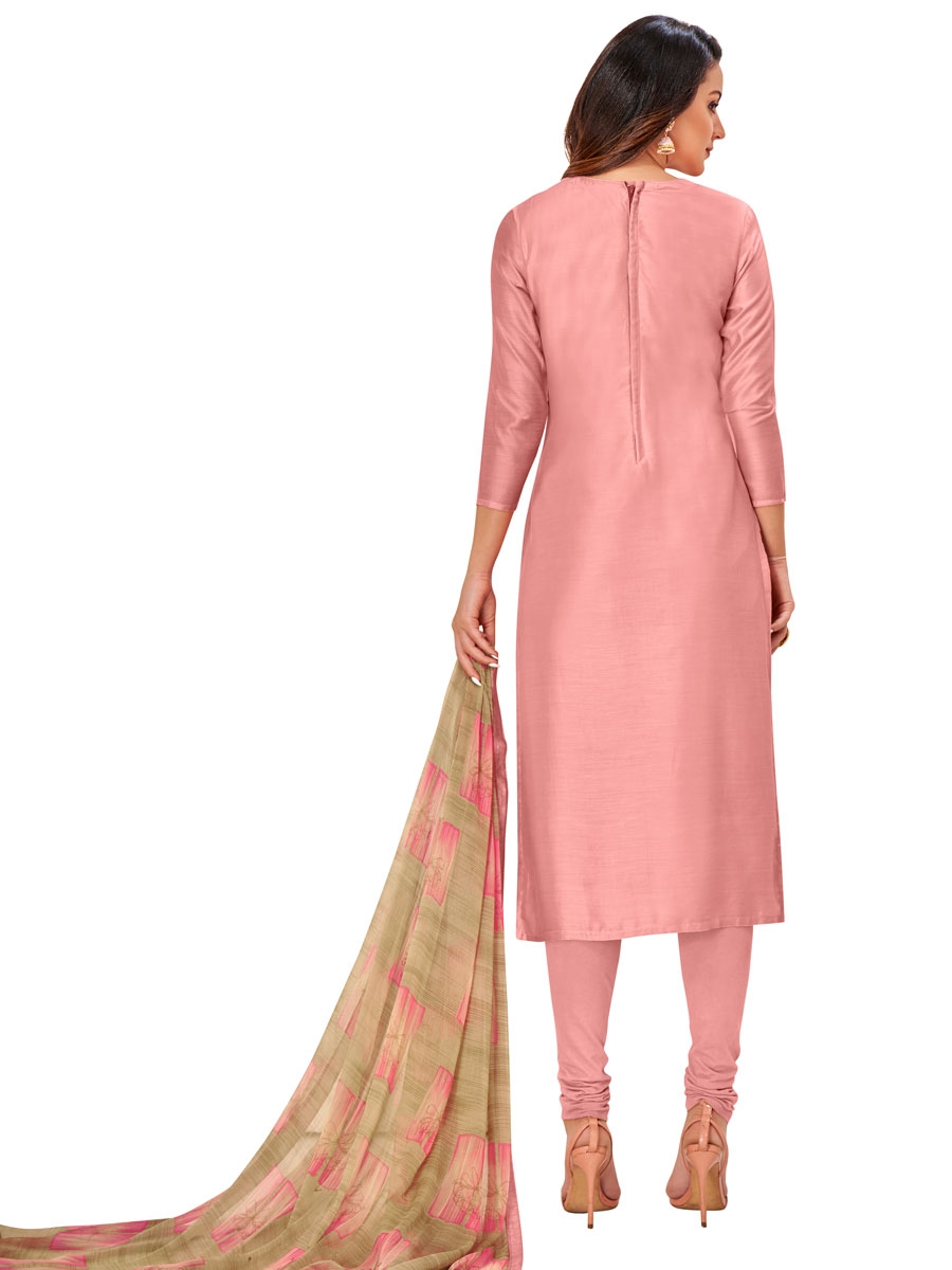 Peach Pink Chanderi Cotton Embroidered Party Churidar Pant Kameez