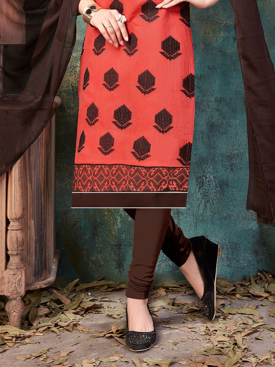 Peach Pink Chanderi Cotton Printed Casual Festival Churidar Salwar Kameez