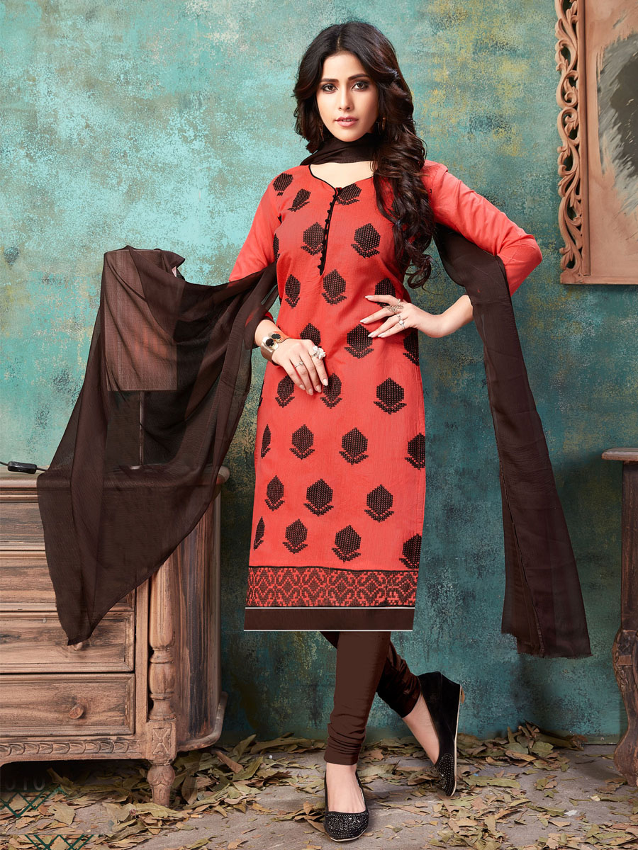 Peach Pink Chanderi Cotton Printed Casual Festival Churidar Salwar Kameez