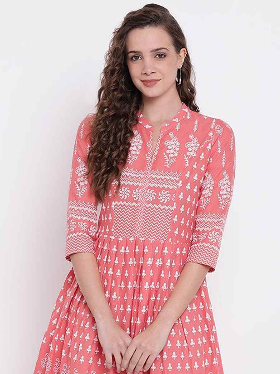 Peach Pink Cotton Printed Festival Casual Kurti