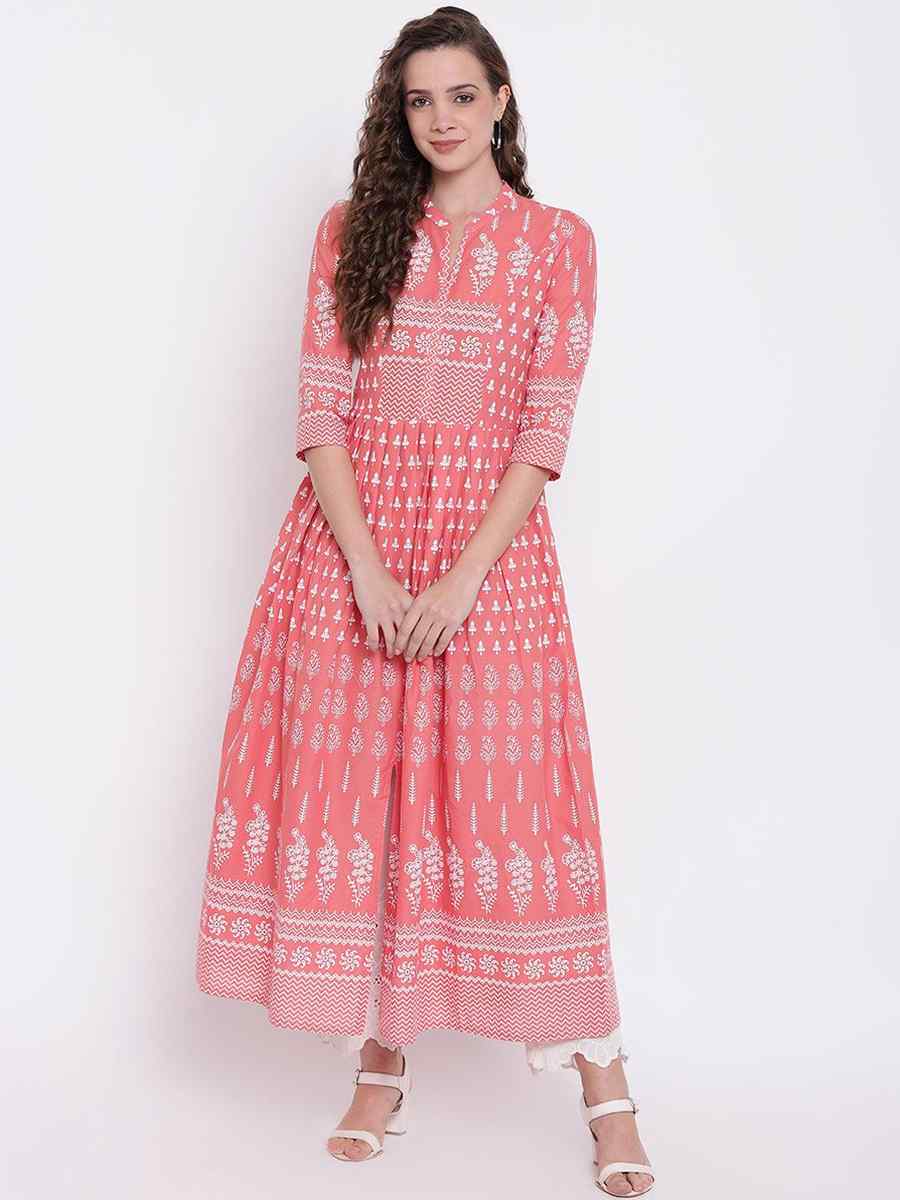 Peach Pink Cotton Printed Festival Casual Kurti