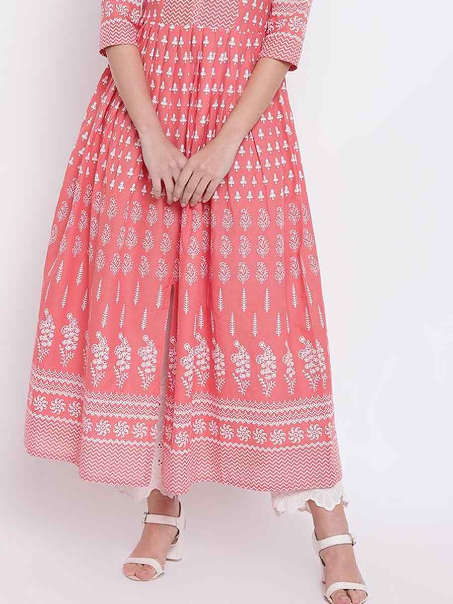 Peach Pink Cotton Printed Festival Casual Kurti