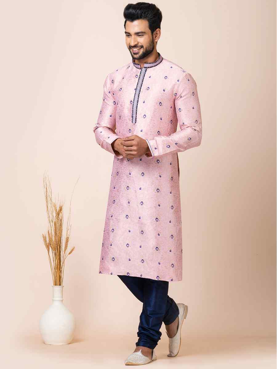 Peach Pink Jacquard Silk Woven Festival Mehendi Kurta