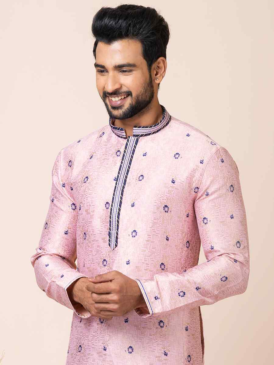 Peach Pink Jacquard Silk Woven Festival Mehendi Kurta