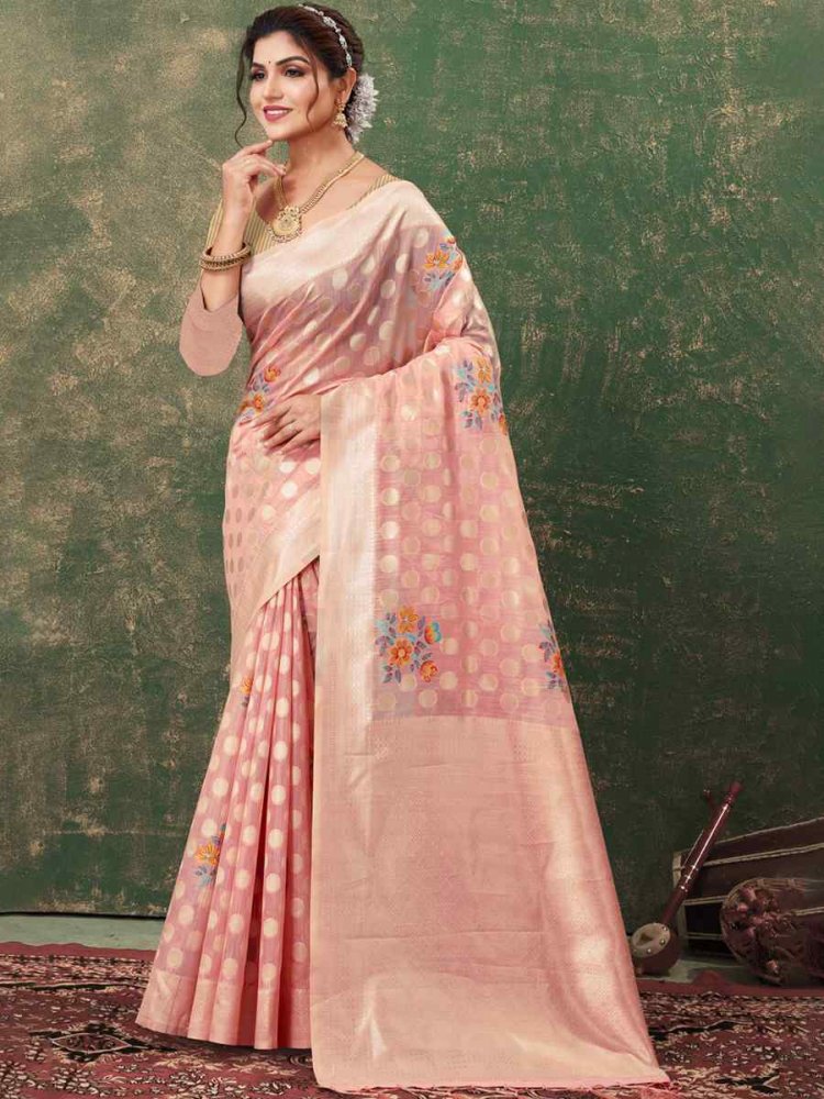 Peach Pink Kota Cotton Handwoven Wedding Festival Heavy Border Saree