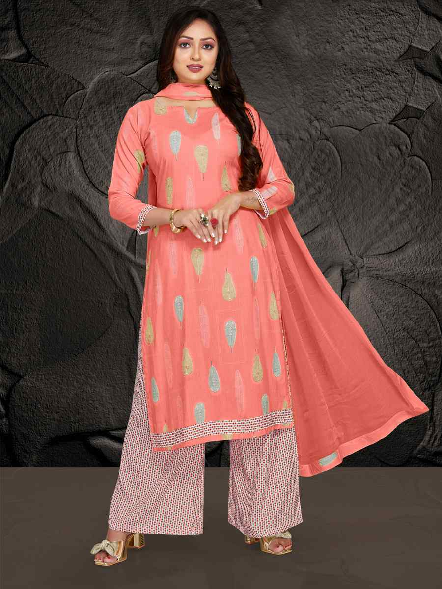 Peach Pink Pure Rayon 14 KG Printed Casual Festival Palazzo Pant Salwar Kameez