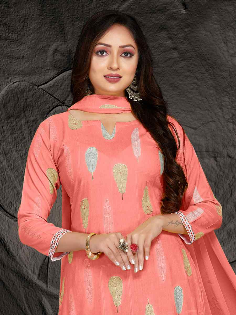 Peach Pink Pure Rayon 14 KG Printed Casual Festival Palazzo Pant Salwar Kameez