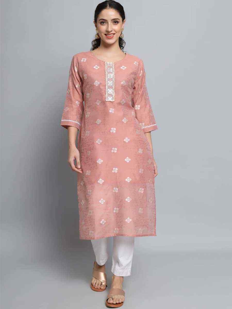 Peach Pink Silk Blend Embroidered Festival Casual Kurti