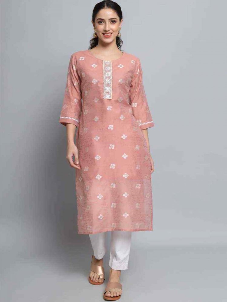 Peach Pink Silk Blend Embroidered Festival Casual Kurti