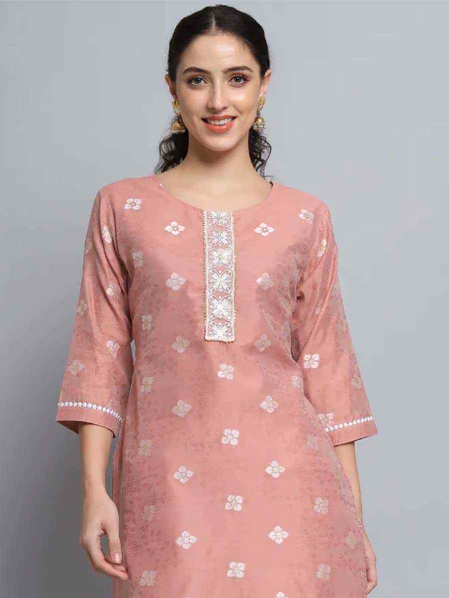 Peach Pink Silk Blend Embroidered Festival Casual Kurti