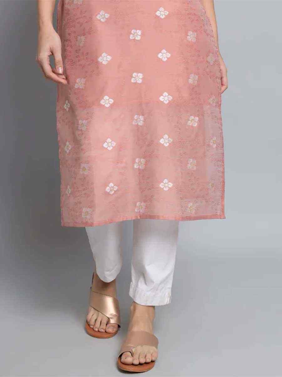 Peach Pink Silk Blend Embroidered Festival Casual Kurti