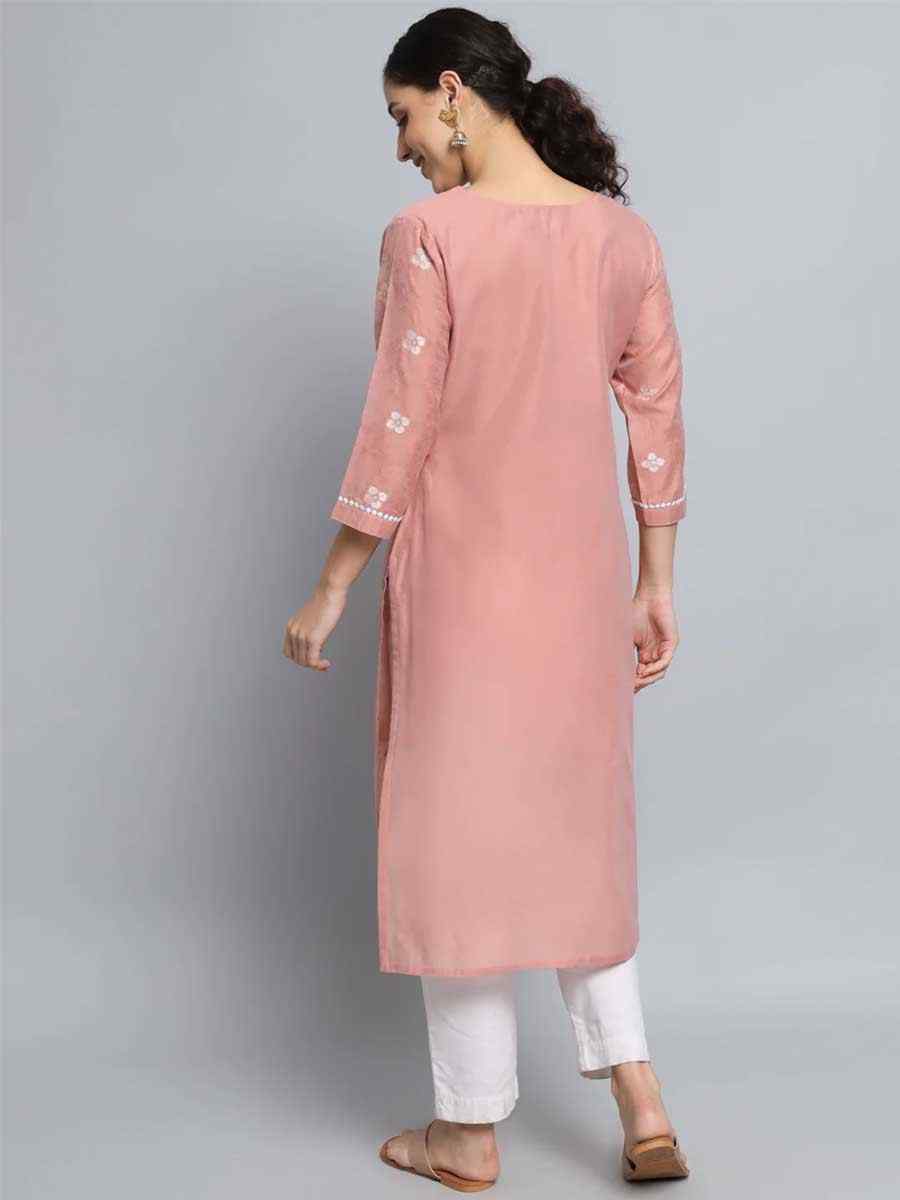 Peach Pink Silk Blend Embroidered Festival Casual Kurti