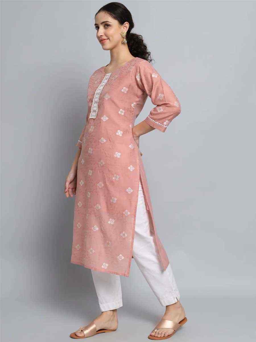 Peach Pink Silk Blend Embroidered Festival Casual Kurti