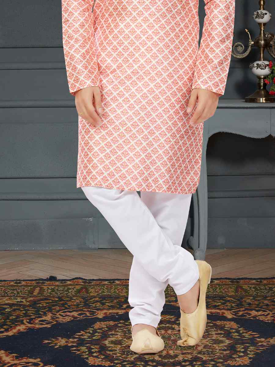 Peach Pink Silk Printed Festival Party Kurta