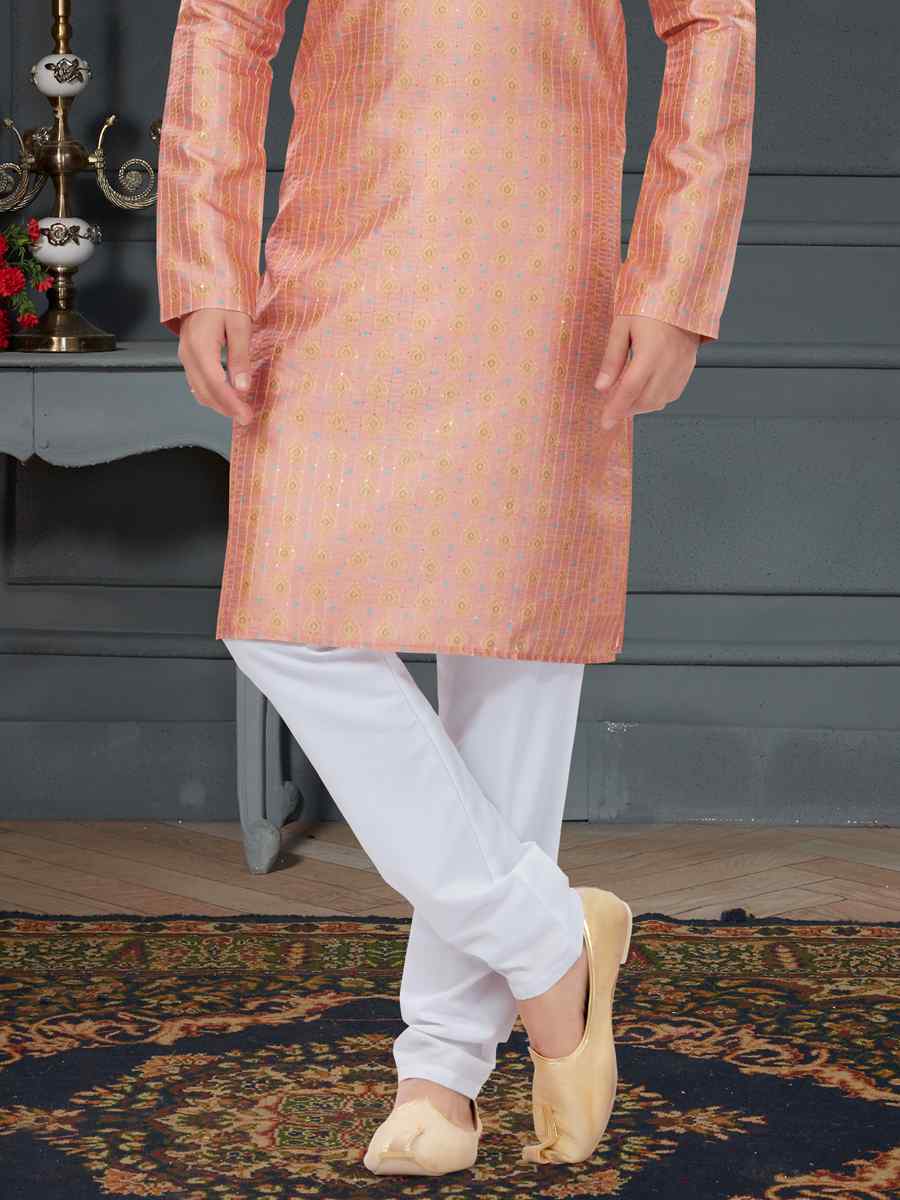 Peach Pink Silk Printed Festival Party Kurta