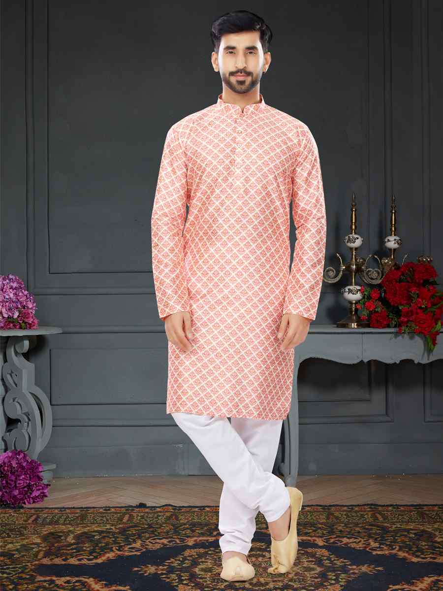 Peach Pink Silk Printed Festival Party Kurta