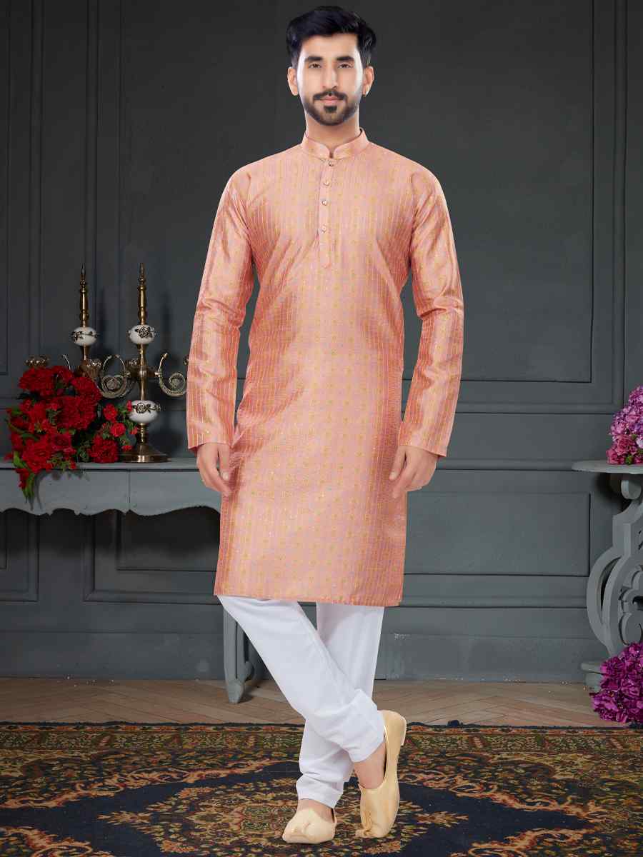 Peach Pink Silk Printed Festival Party Kurta