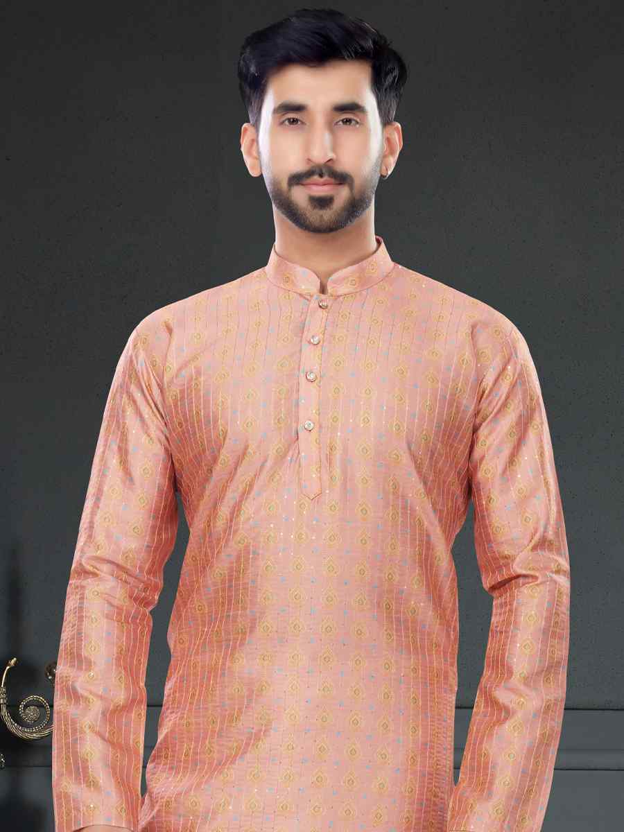 Peach Pink Silk Printed Festival Party Kurta