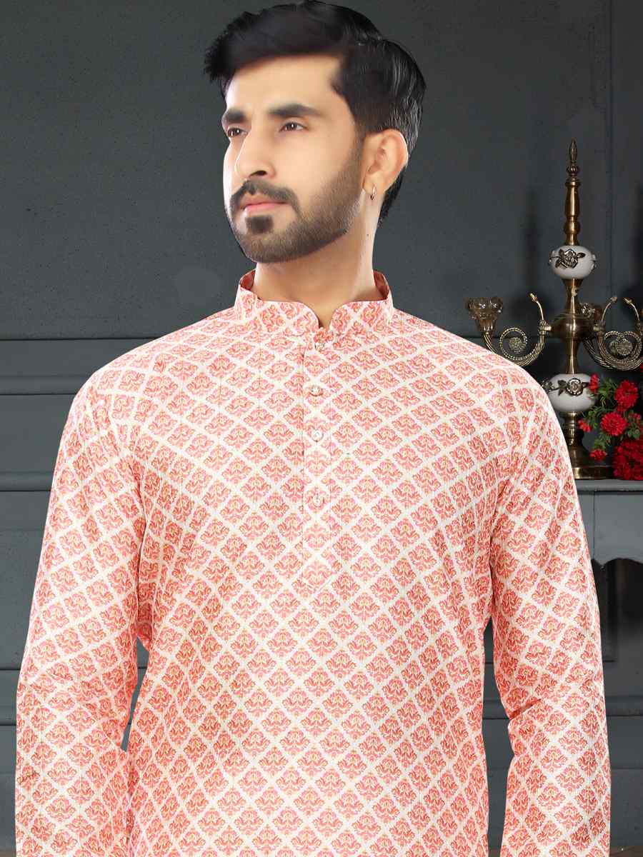 Peach Pink Silk Printed Festival Party Kurta
